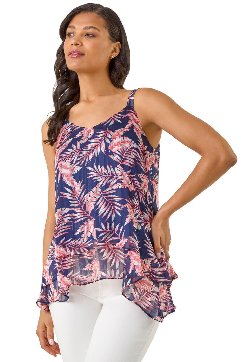 Roman Originals Women's Navy Lurex Floral Overlay Cami Top - Smart Casual Day Party Holiday Cruise Printed Long Asymmetric Strappy Sleeveless Vest Camisole Tops - Size 20