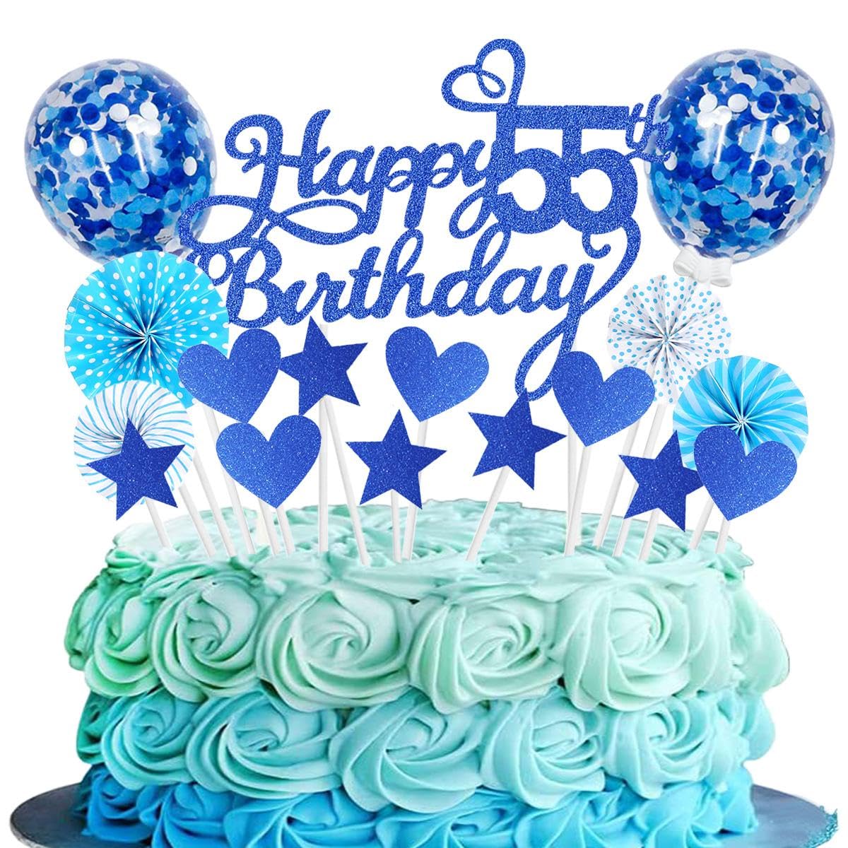 Decorazione Torta 55 Compleanno Donna | Cake Topper Blu Navy | Happy Birthday | Cuori E Palloncini - Foto 14