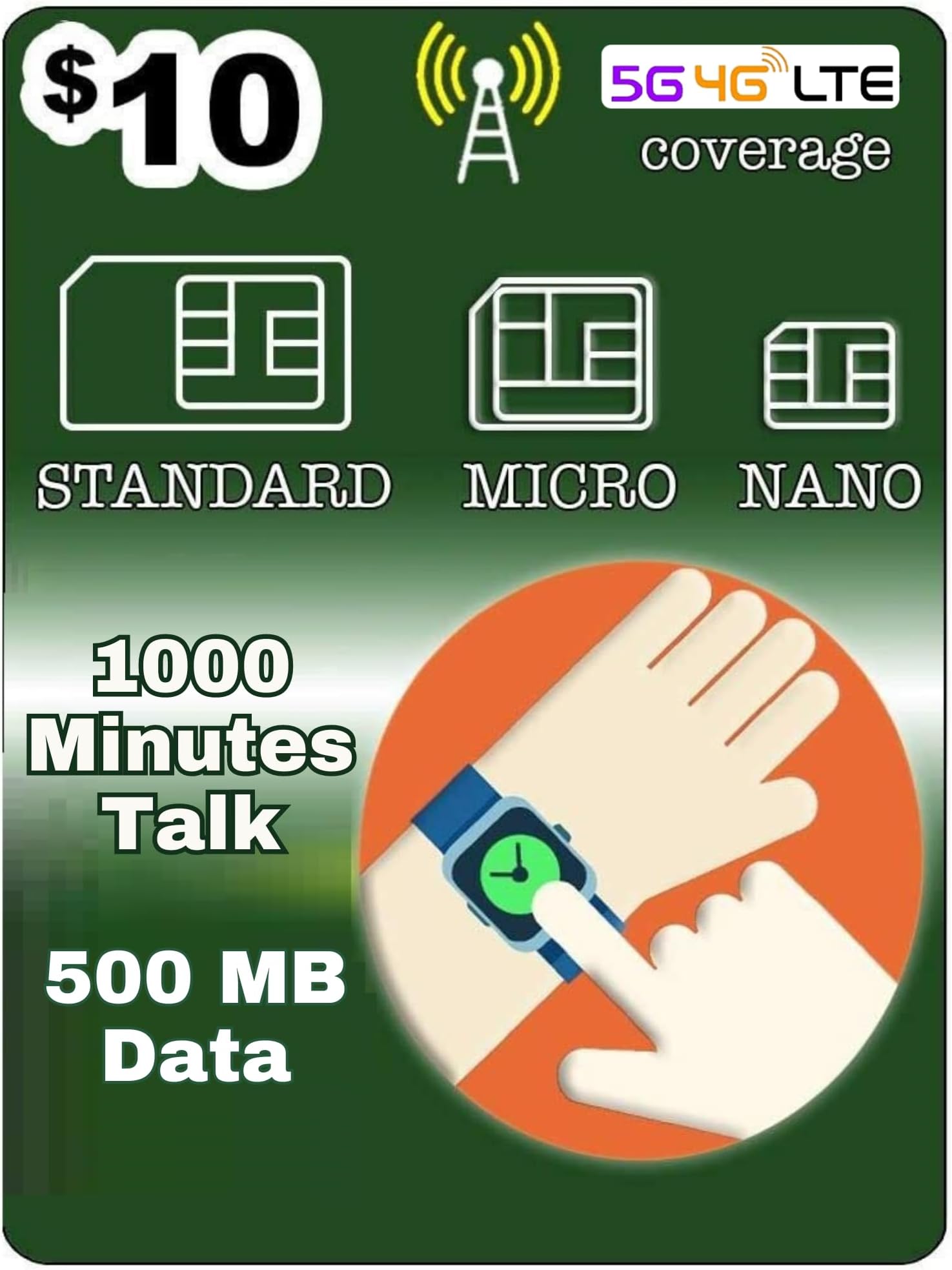 SpeedTalk Mobile Smart Watch SIM Card with 1000 Minutes Talk + 500MB Data for 4G LTE GSM Smartwatches and Wearables | 3 in 1 Simcard | 30 Day Service - USA Canada Mexico Roaming