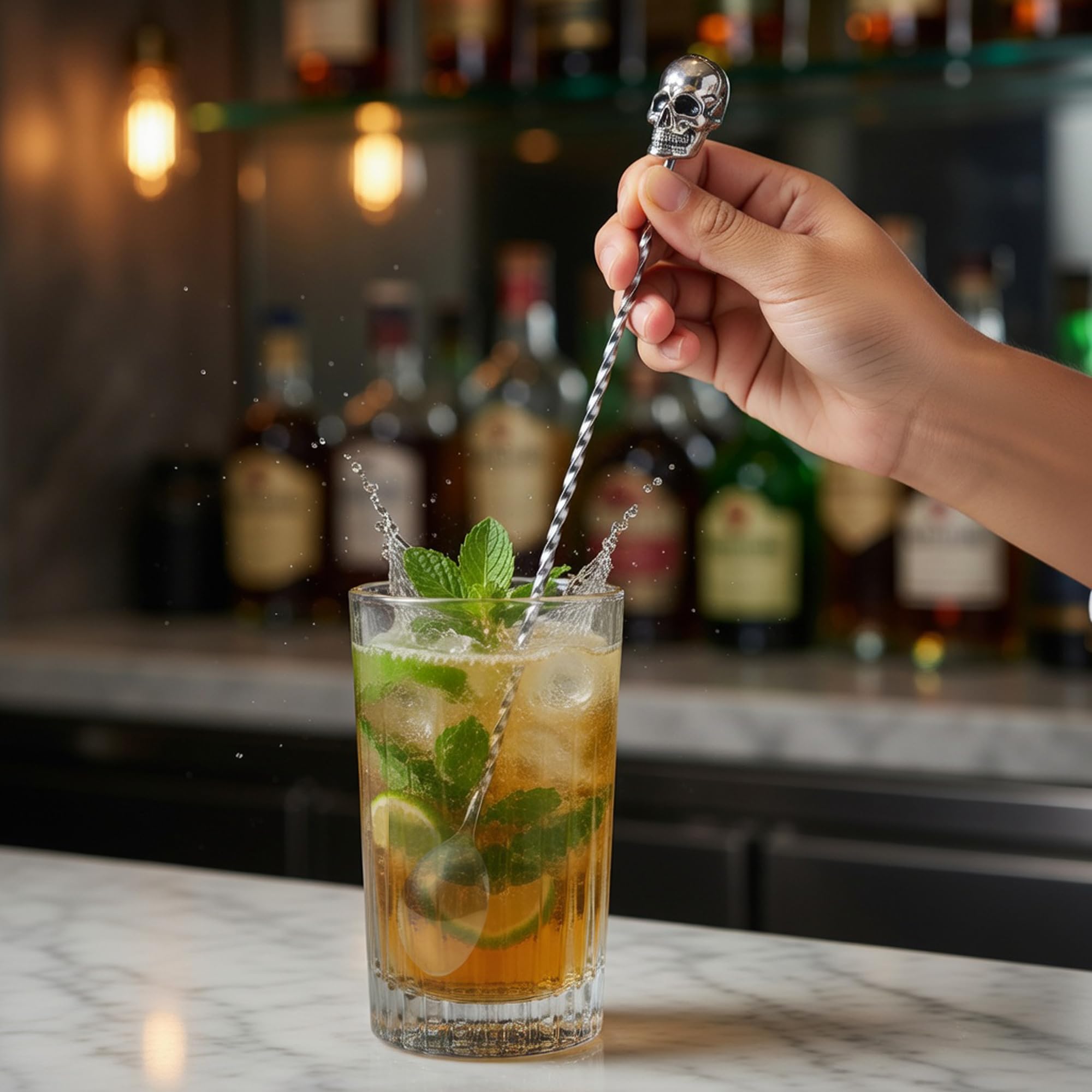 Homestia Cucchiaio da bar da 30,5 cm, cucchiaio da cocktail in acciaio inox con manico a spirale e estremità a teschio, manico lungo, per barista, stratificazione e miscelazione di bevande
