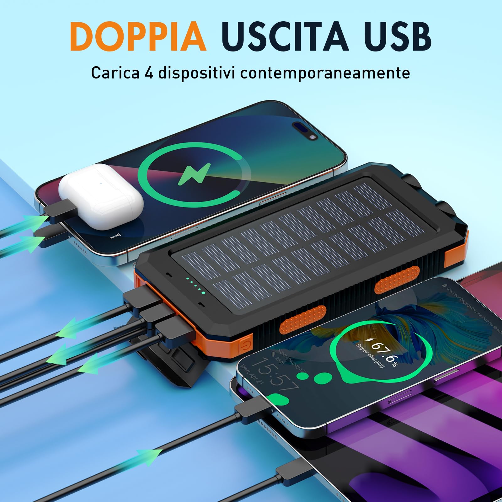 Vikeri Powerbank Solare da 9000 mAh, Power Bank Solare Impermeabile, Porta USB-C per Ricarica Rapida, con 4 uscite, per Smartphone, Tablet, ecc. (Arancione Scuro)