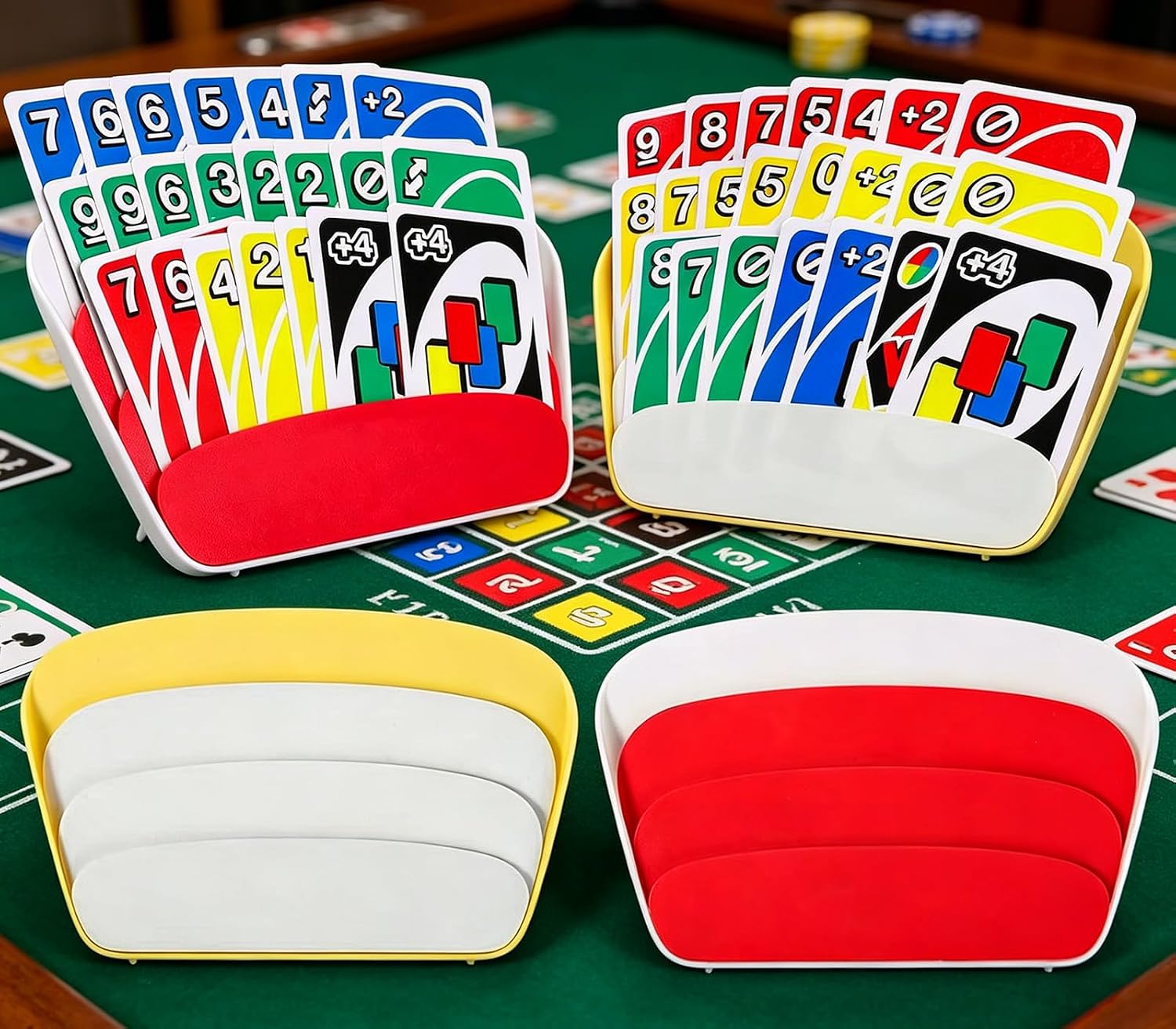 Card Holders for Playing Cards with Foldable Decktop Stand Thick Plastic Game Card Tray Hand-Free Design for Stocking Stuffers Travel Games Seniors Little Hand or Arthritis Hand, 4 Packs