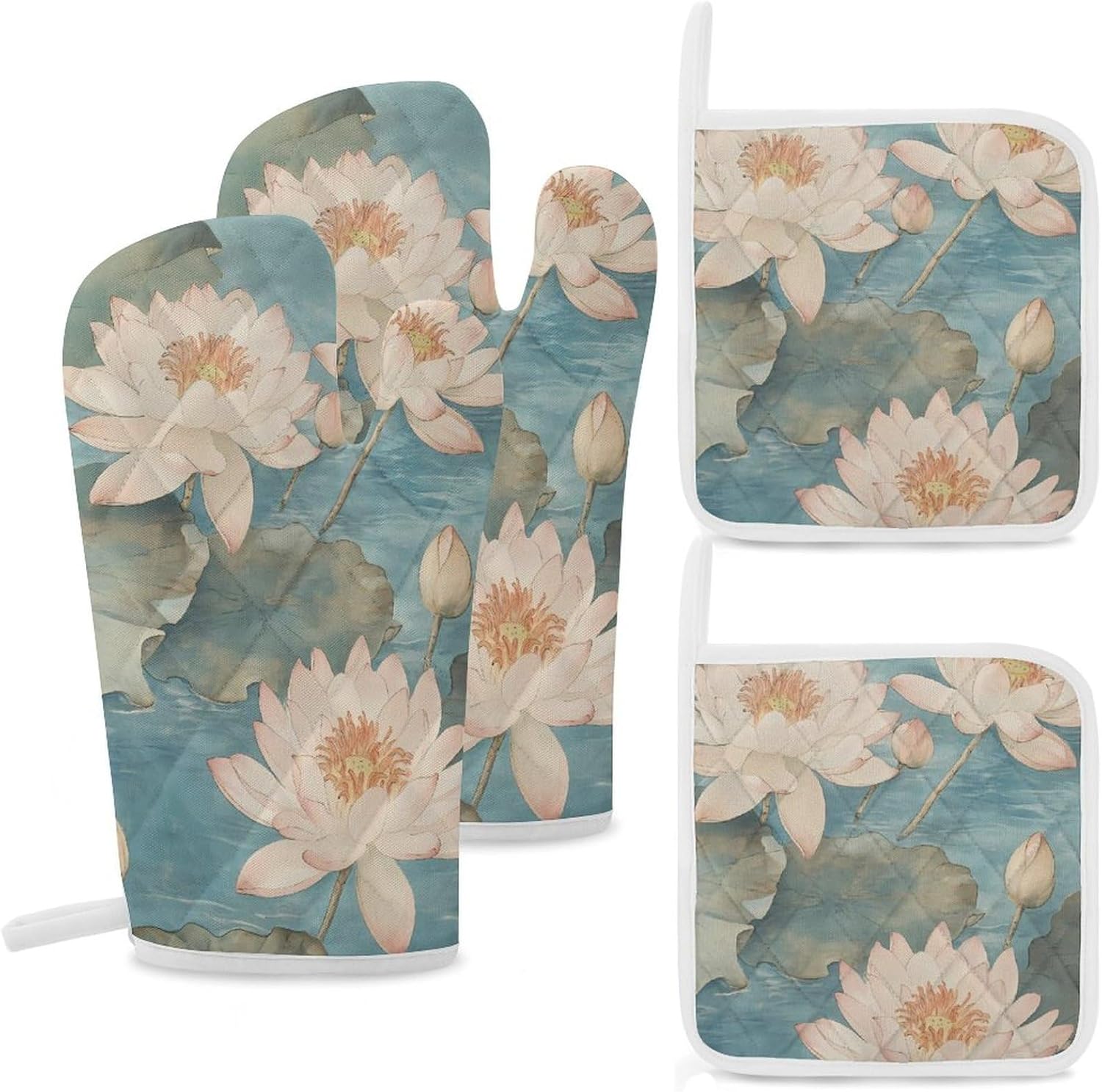 Flowering Water Lily Oven Mitts and Pot Holders 4Pcs Set Heat Resistant Cooking Mitts Hot Pads