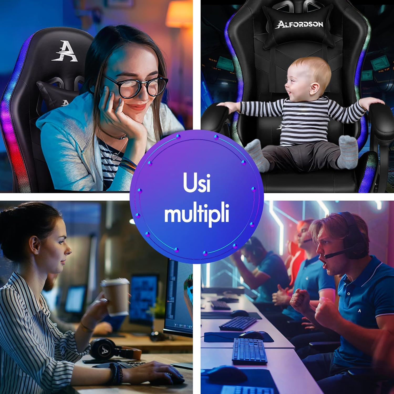 Sedia Gaming Massaggiante con Luci LED,Sedia Ergonomica Gamer per Ufficio Domestico,Poltrona Scrivania con Poggiapiedi,Schienale Regolabile 90-150-¦,Portata 180KG - Sedia gaming - Immagine 7