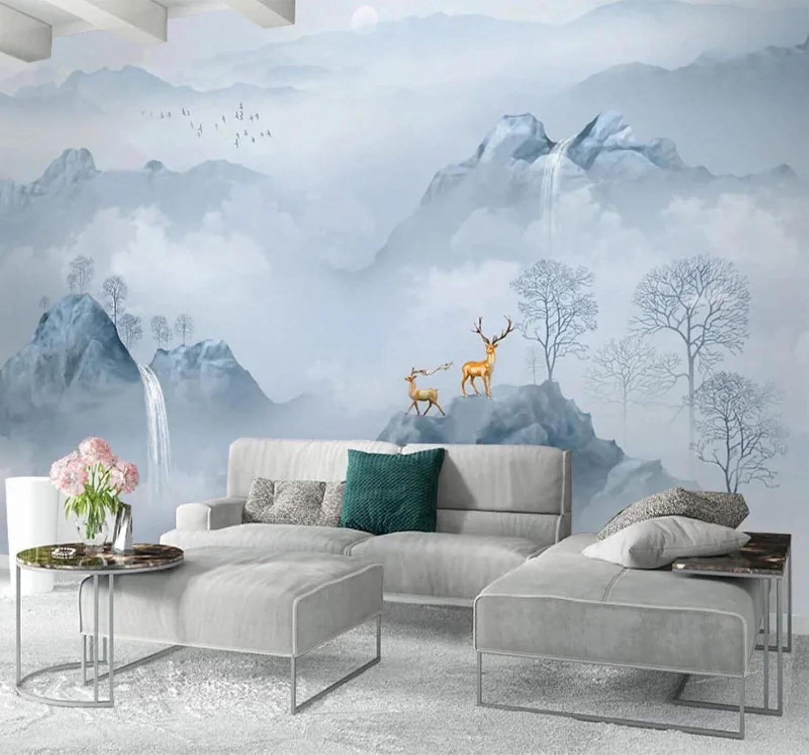 XLMING Fantasy Ink Wash Mountain Peaks Waterfall Reindeer 3D Wallpaper Luxury Silk Study Dining Feature Sofa Grey Bedroom Living Room Tv Decorative Wall-300cm×210cm