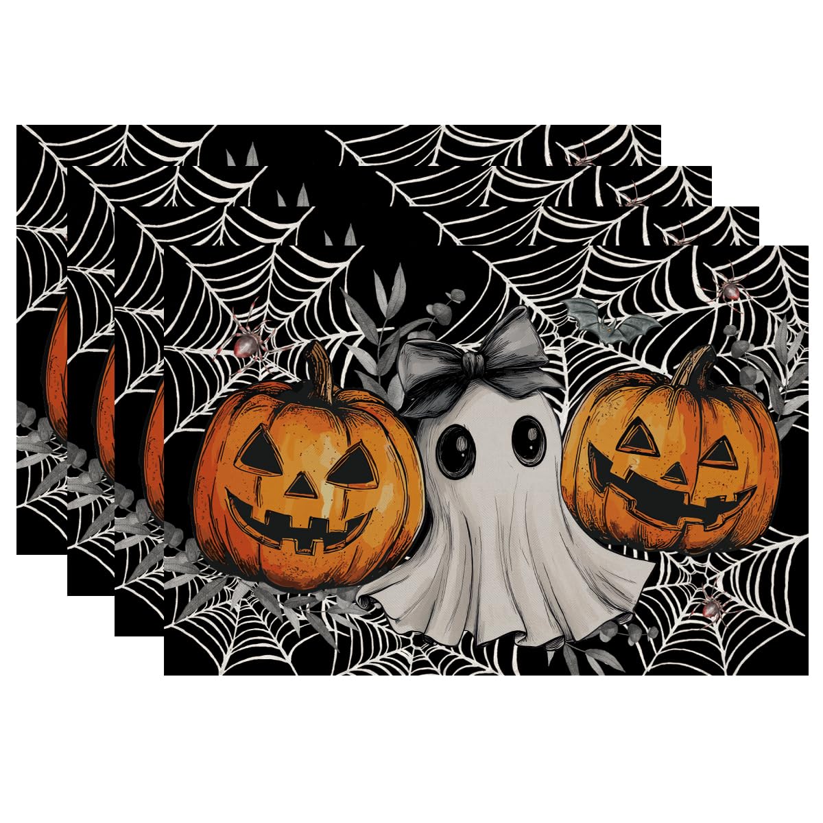 Sets De Table Halloween Toile D'Araignée - Lot De 4 - 30x30cm - Polyester Antidérapant - Déco Gothique