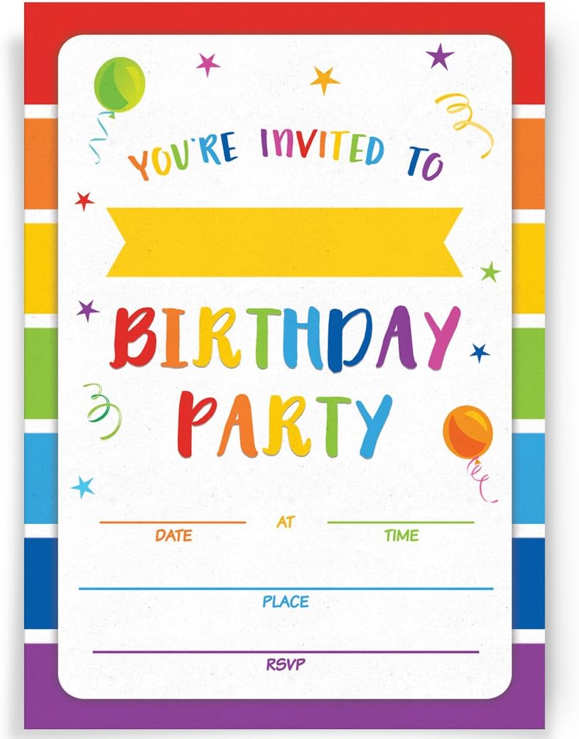 Printed Party Kids Birthday, Rainbow, 20 Invitations and Envelopes