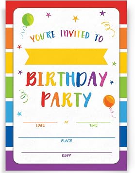 Printed Party Kids Birthday, Rainbow, 20 Invitations and Envelopes