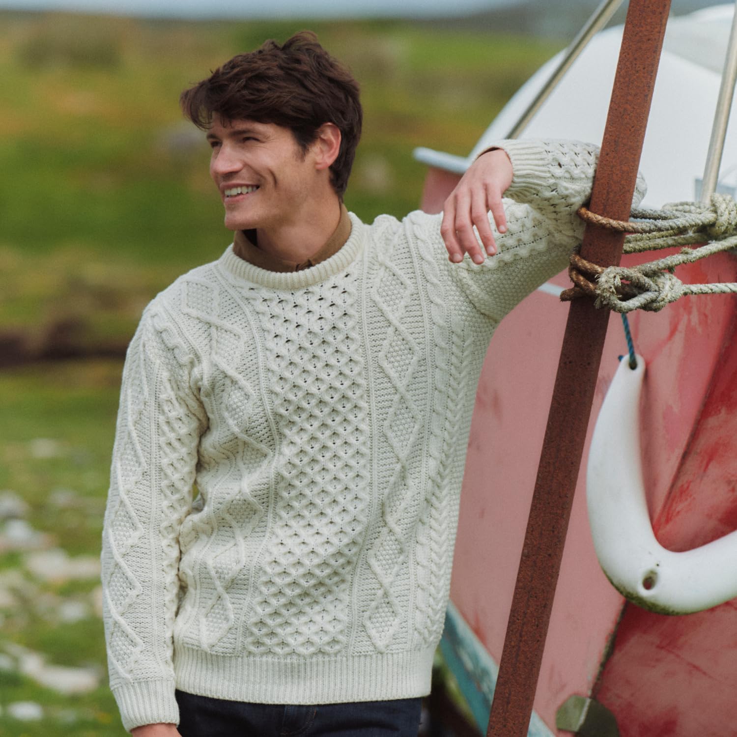 Aran Woollen Mills Eireann Mens Irish Cable Knit Sweater, 100% Super Soft Merino Wool, Made in Ireland