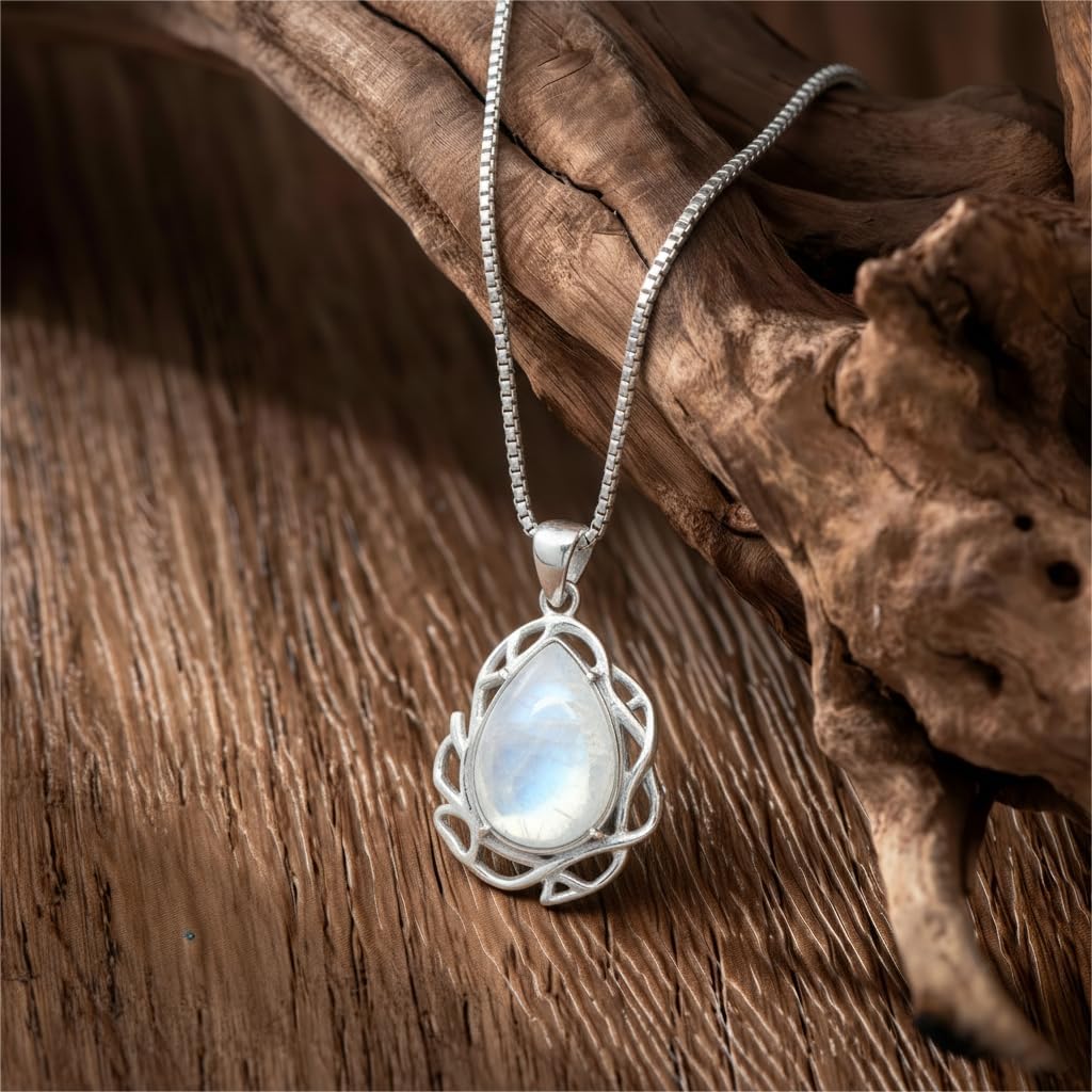 Genuine Moonstone Teardop Pendant Necklace 925 Sterling Silver Natural Gemstone June Birthstone Healing Jewelry for Women