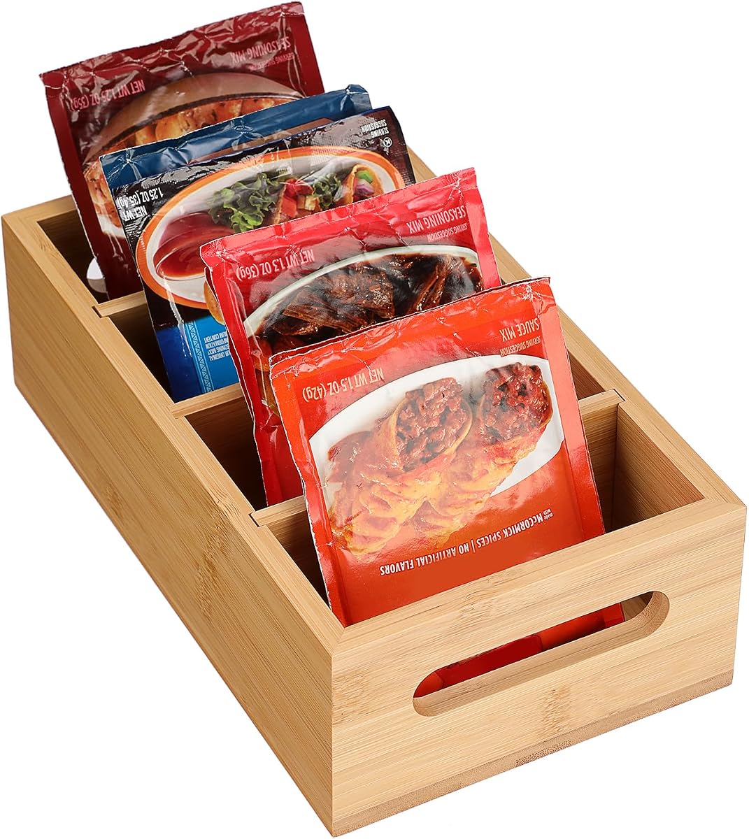 BSTKEY Seasoning Packet Organizer, Food Storage Organizer with 4 Removable Dividers, Bamboo Storage Caddy for Pantry Kitchen Cabinet, Kitchen Organization Bin with Handle for Snacks Spice Packets