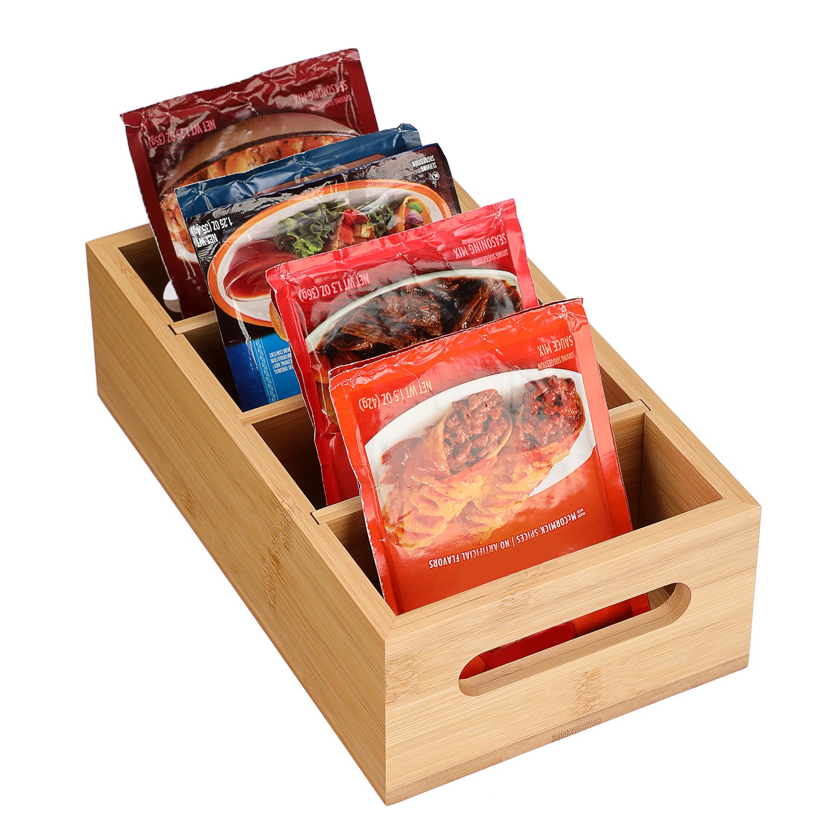 SUMNACON Bamboo Divided Seasoning Packet Organizer with Handle, Kitchen Restaurant Spice Packet Bin Seasoning Bottle Rack Coffee Tea Bag Storage Organizer with Removable Dividers