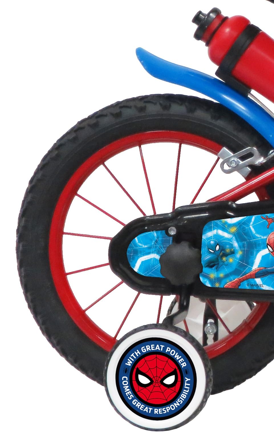 Vélo Enfant Garçon 14'' Spiderman équipé de 2 Freins, pneus gonflables, Plaque Avant décorative et bidon arrière
