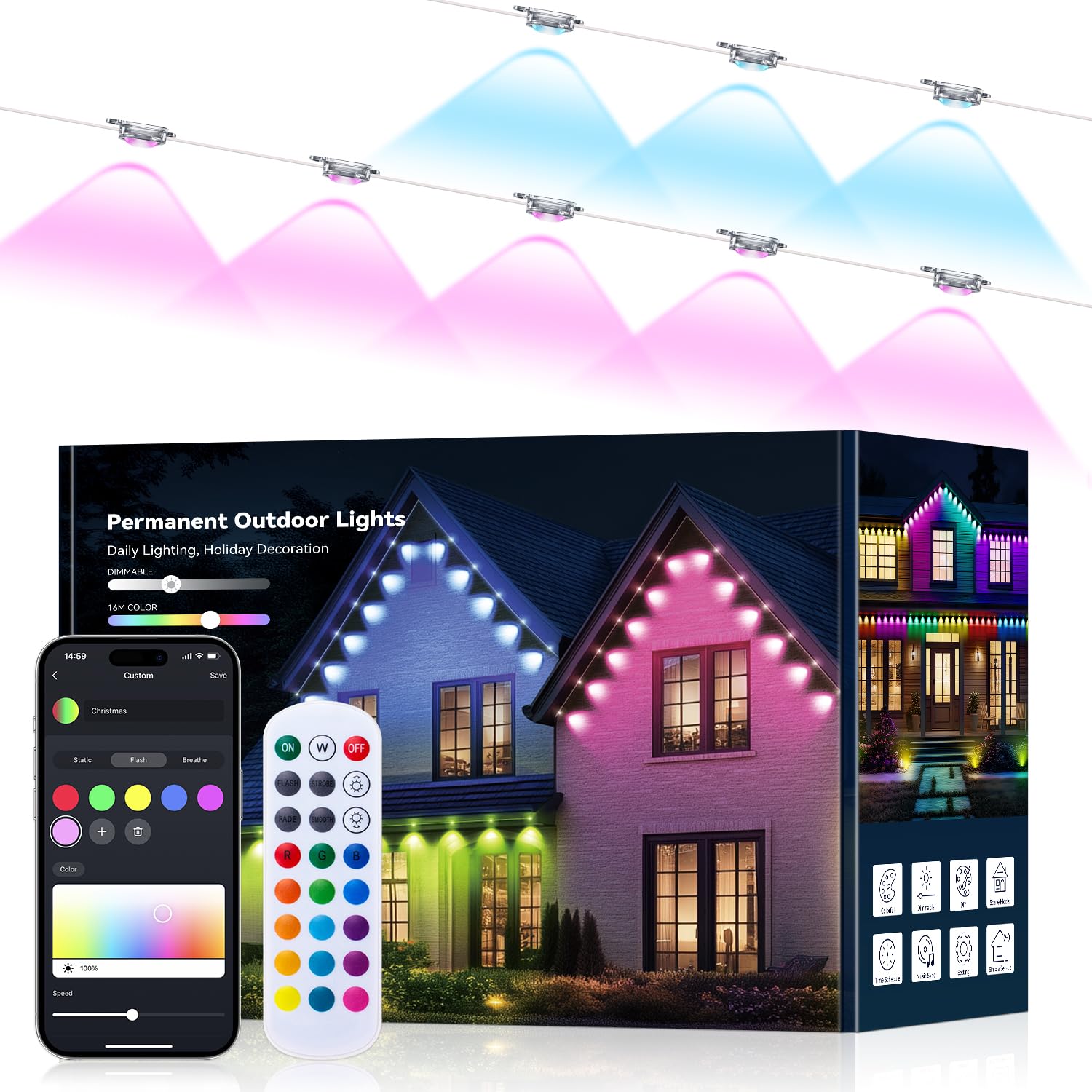 300FT Permanent Outdoor Lights -RGB Eaves Lights with App Control Remote,DIY Scene Modes IP67 Waterproof Outside LED Light for Christmas, Holiday, Daily, House Roof Eternity Lighting