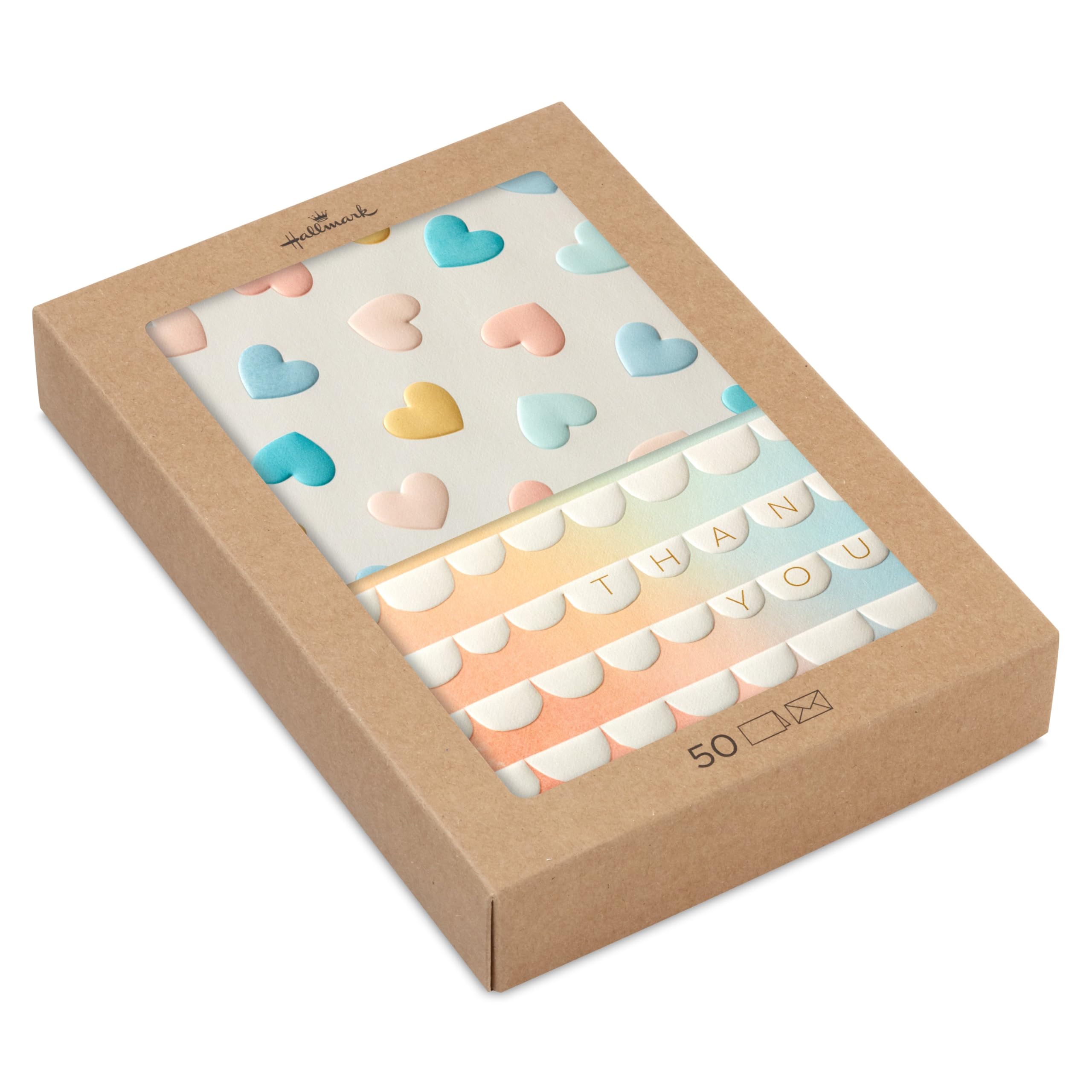 Hallmark Thank You Card Multipack, 50 Cards, 2 Embossed Pastel Designs, With White Envelopes