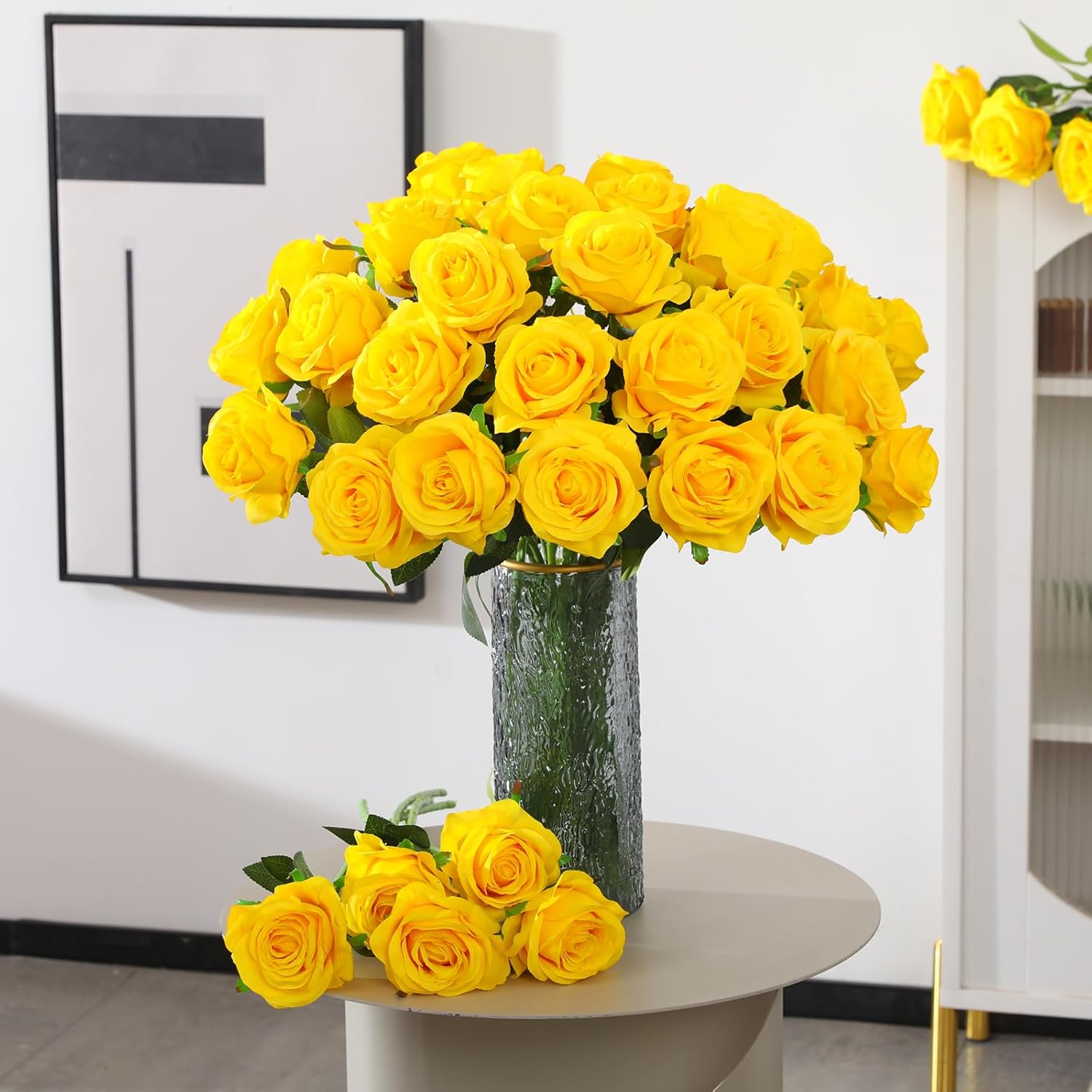 50PCS Artificial Silk Roses in Bulk & Bouquet Long Stem – Realistic Fake Roses for Wedding Centerpieces, Home Decor, Floral Arrangements, Party Decoration (Yellow) - Image 3