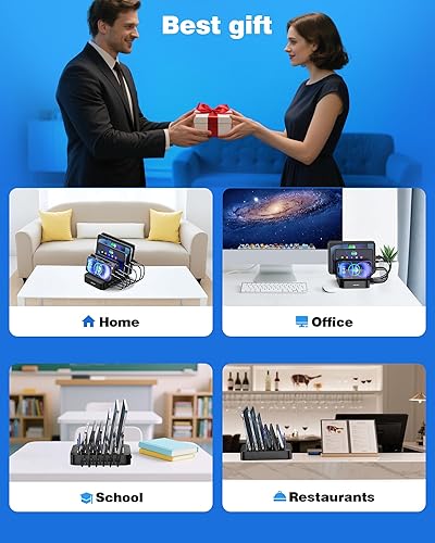 Miniatura 7 de MSTJRY Estación de carga para múltiples dispositivos estaciones de carga USB de 6 puertos - Base de carga organizadora familiar para múltiples