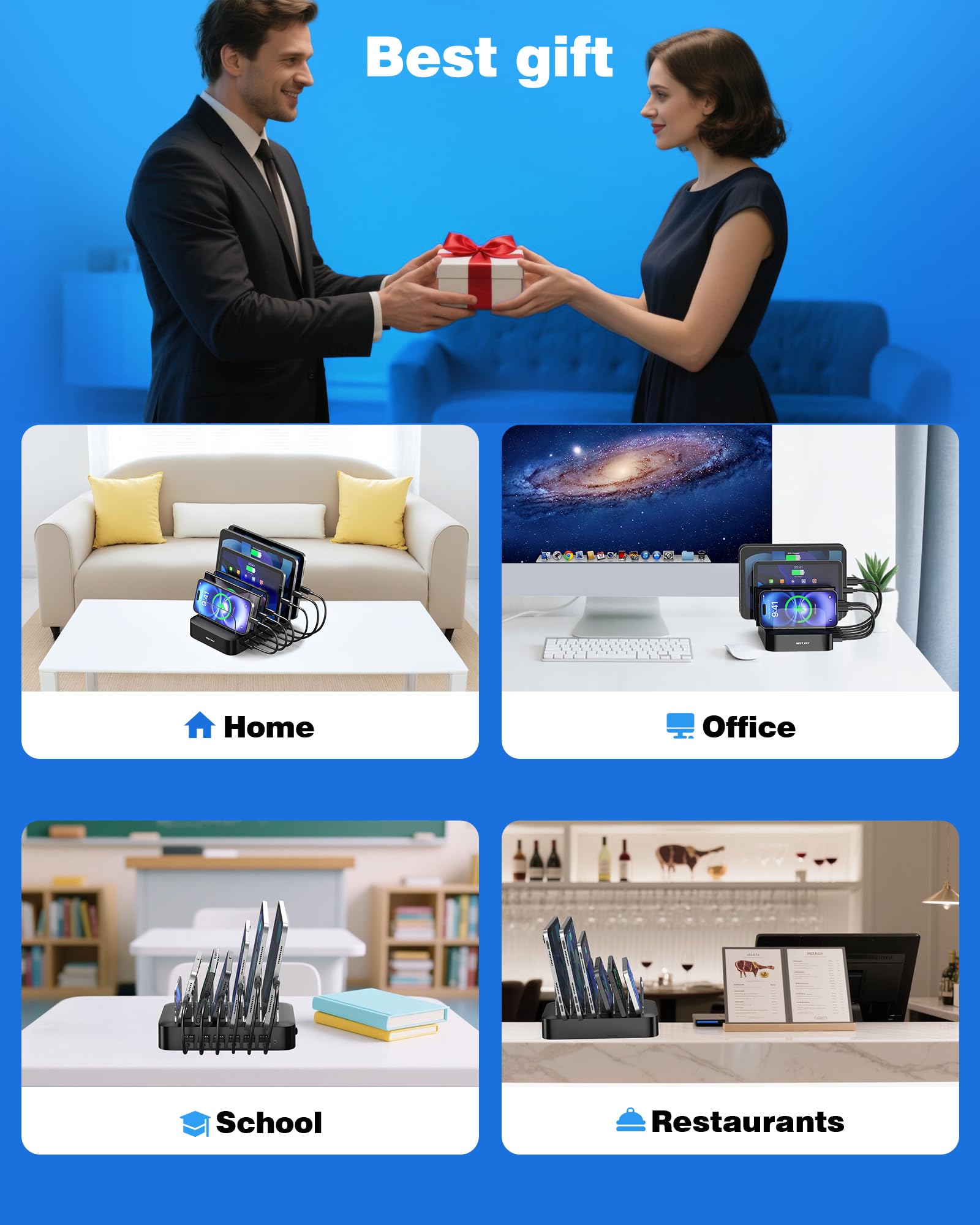 MSTJRY Charging Station for Multiple Devices : 6 Port USB Charger Stations - Family Multi-Device Organizer Charging Dock - Designed for iPhone iPad Android Cell Phone Tablet and Electronic, Black