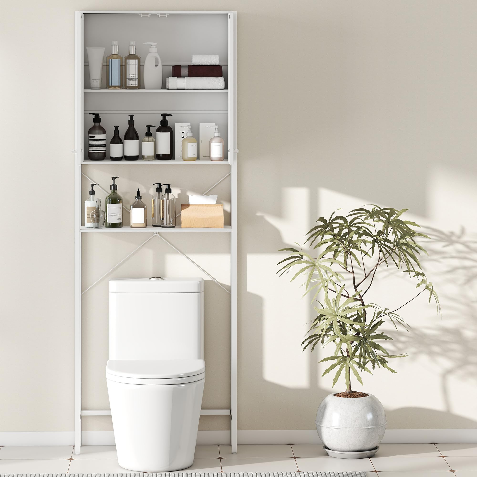 HOMCOM Mobile Bagno Sopra WC con Armadietto e Ripiano Aperto, Mobile Sopra Lavatrice Salvaspazio con Gambe in Metallo, per Bagno e Lavanderia, 64x20x180 cm, Bianco