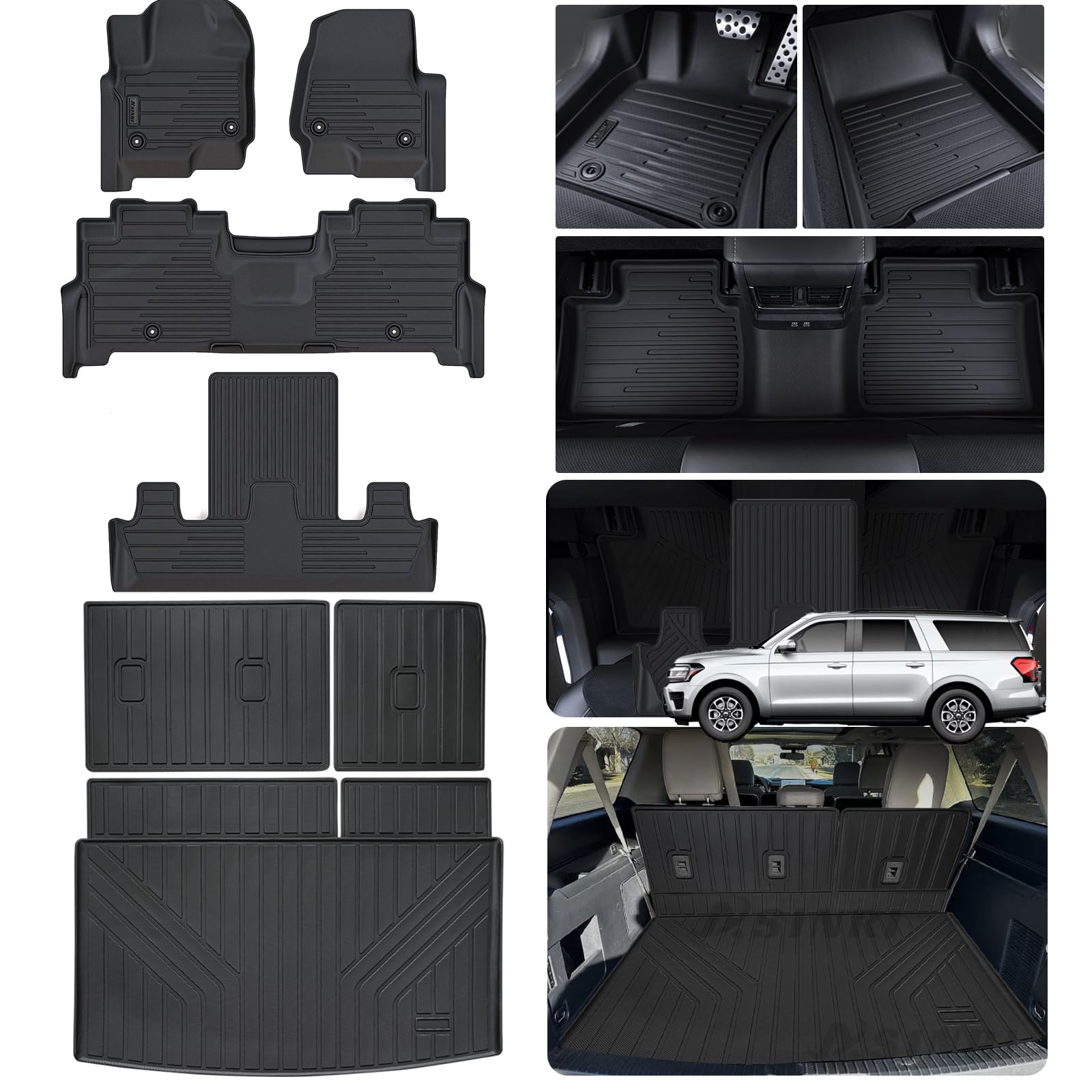 Floor Mats & Trunk Mat & Backrest Mat for 2018-2024 2025 Ford Expedition MAX 7 Seats-2 Row Bucket Seat,TPE All Weather Protection 3 Rows Car Floor Liners with Cargo Liner Accessories