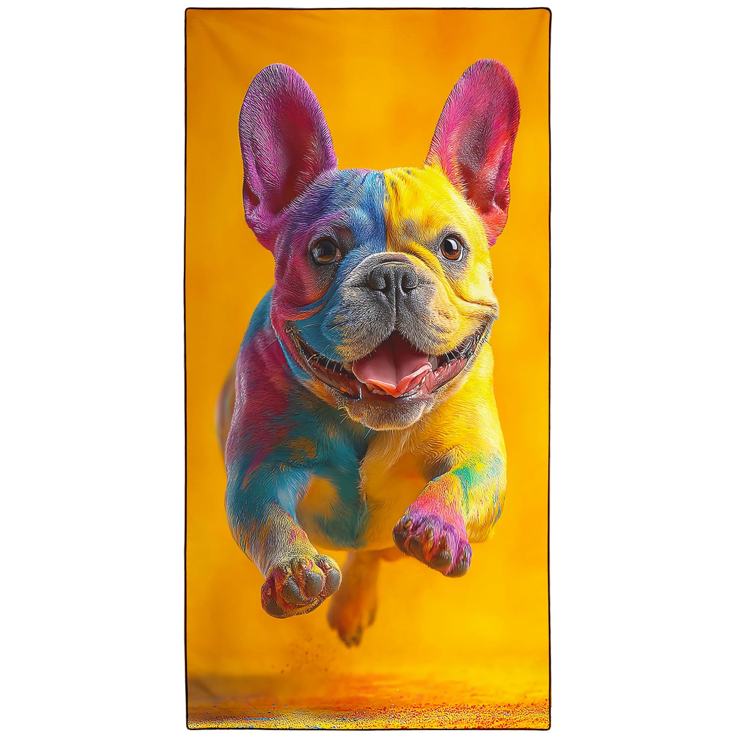 Violetpos Rainbow French Bulldog Beach Towel for Dog Lovers, Extra Large 180x90 cm 250GSM Microfibre, Sand Free Quick Dry, Ideal Vacation Gifts with Carry Bag for Pool Cruise Camping