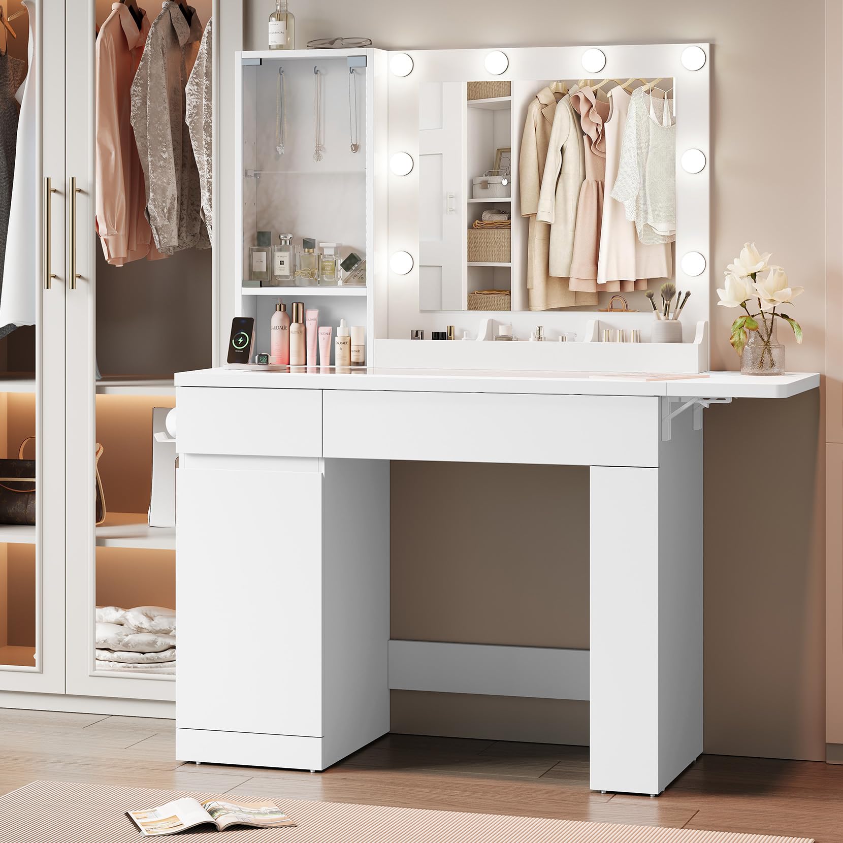 Dripex Tavolo da Toeletta con 10 Sfere Luminose a LED e Prese, 115 cm, con Specchio e Piano in Vetro Trasparente, Vanity Desk per Camera da Letto, Bianco
