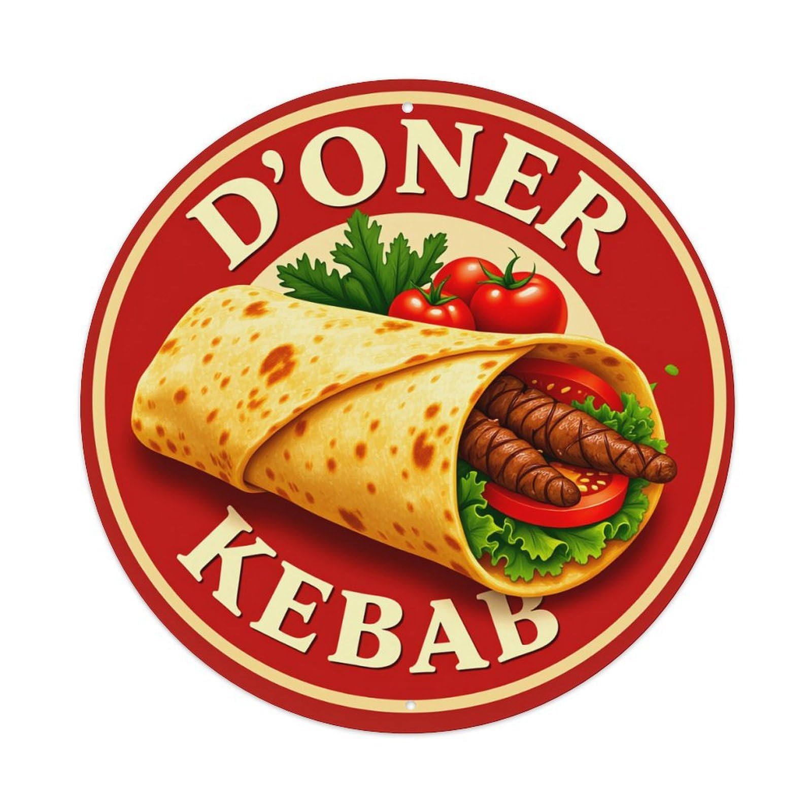 D'oner Kebab Wrap With Meat And Vegetables Round Tin Sign Vintage Style Metal Sign Home Bar Garden Wall Plaque Decor Metal Poster 8x8 Inch