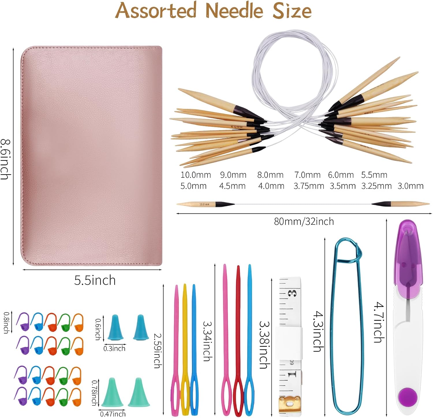 WAZAIGUR Circular 32 Inch (81cm) Bamboo Knitting Needles Set with Case Sizes 3mm, 3.25mm, 3.5mm, 3.75mm, 4mm, 4.5mm, 5mm, 5.5mm, 6mm, 7mm, 8mm, 9mm, 10mm