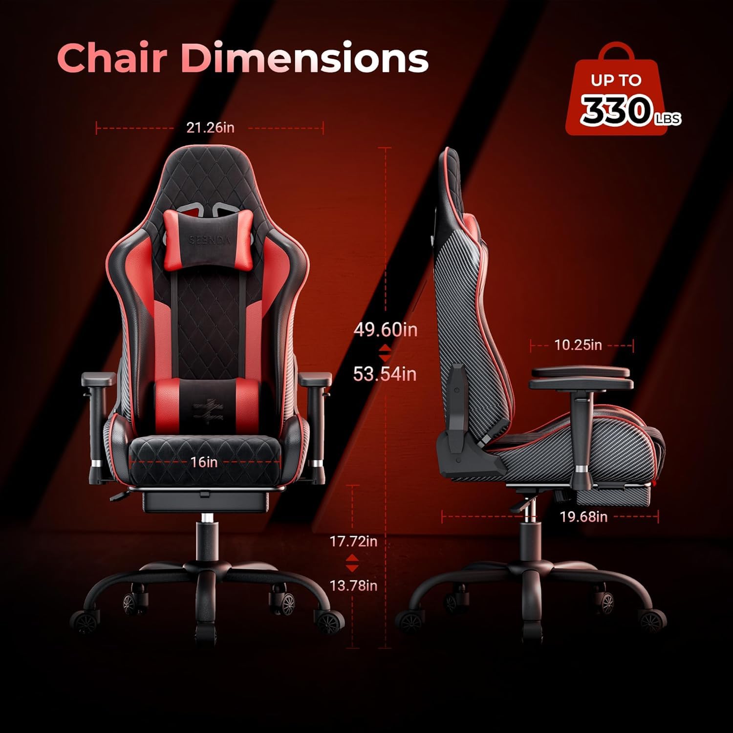seenda GCPro-10 Ergonomischer Gaming Stuhl & Bürostuhl | 150 kg Vollmetall-Rahmen, 145° Neigung mit Fußstütze, 2D Armlehnen, Lendenwirbelstütze, High-Density Schaum, Carbon Design