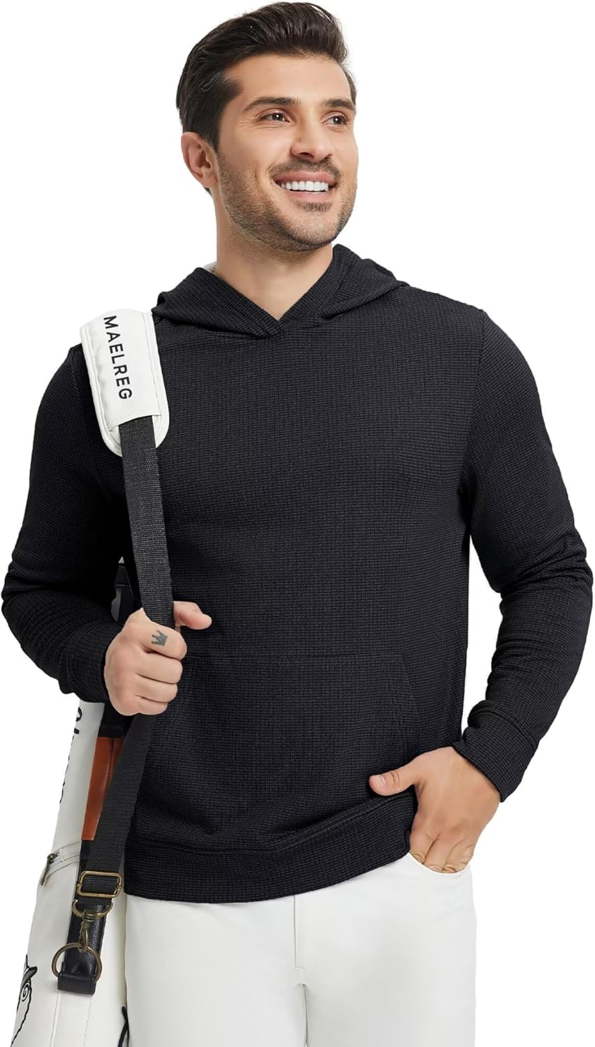 M MAELREG Mens Hoodies Pullover Fleece Warm Lightweight Grid Texture Athletic Golf Hooded Sweatshirt with Kangaroo Pocket - Image 2