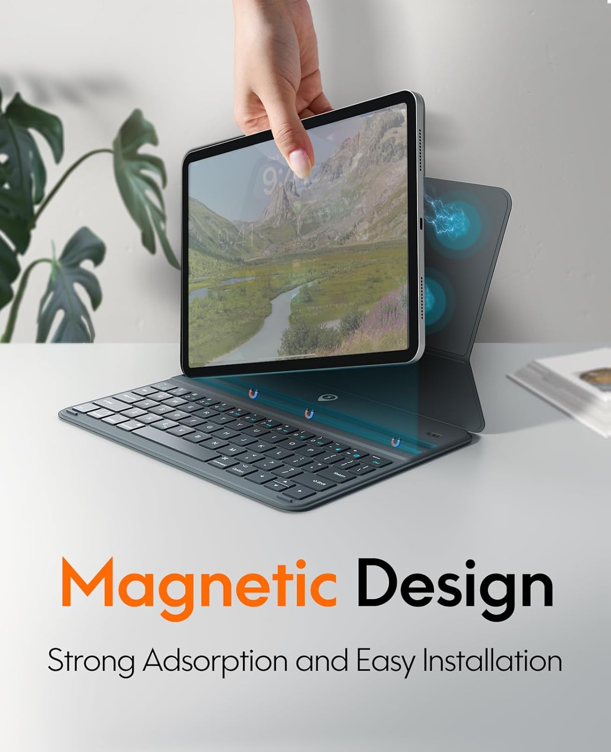 CHESONA Ultra-Light for iPad 10th Case with Keyboard (10.9", 2022), Detachable Magnetic Folio Keyboard Case for iPad 10th, 868H Lasting via CR2032, Long Slim & Portable Wireless Keyboard, Grey