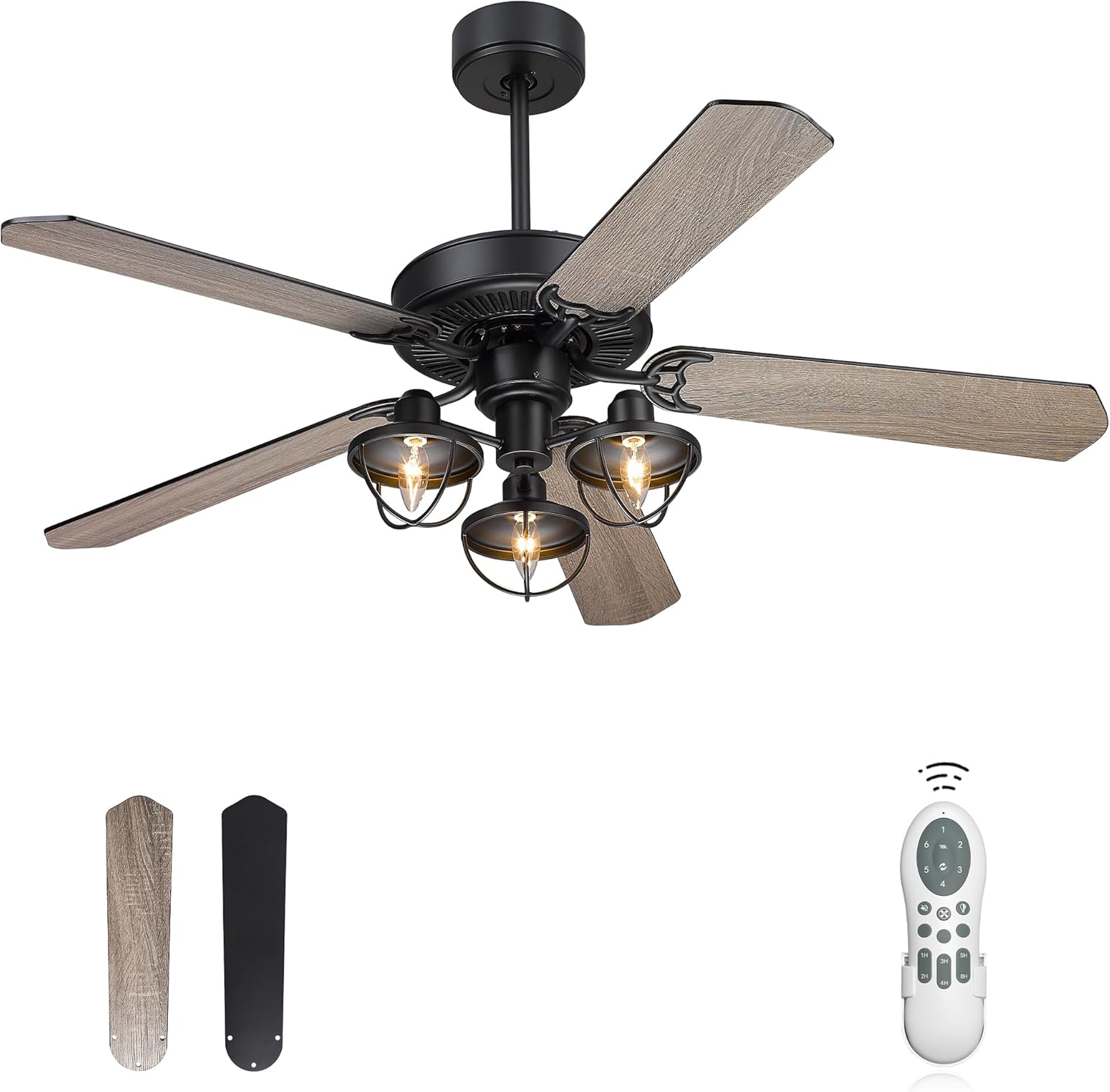 YOUKAIN Farmhouse Wooden Ceiling Fans, 52 Inch Industrial Ceiling Fan with 3 Lights and Remote Control, 5-Reversible Blades Indoor/Outdoor, Matte Black/Barnwood Finish, 52-YJ631