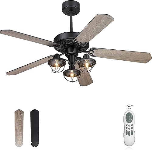 Miniatura 1 de YOUKAIN Farmhouse - Ventiladores de techo de madera, ventilador de techo industrial de 52 pulgadas con 3 luces y control remoto, 5 aspas reversibles