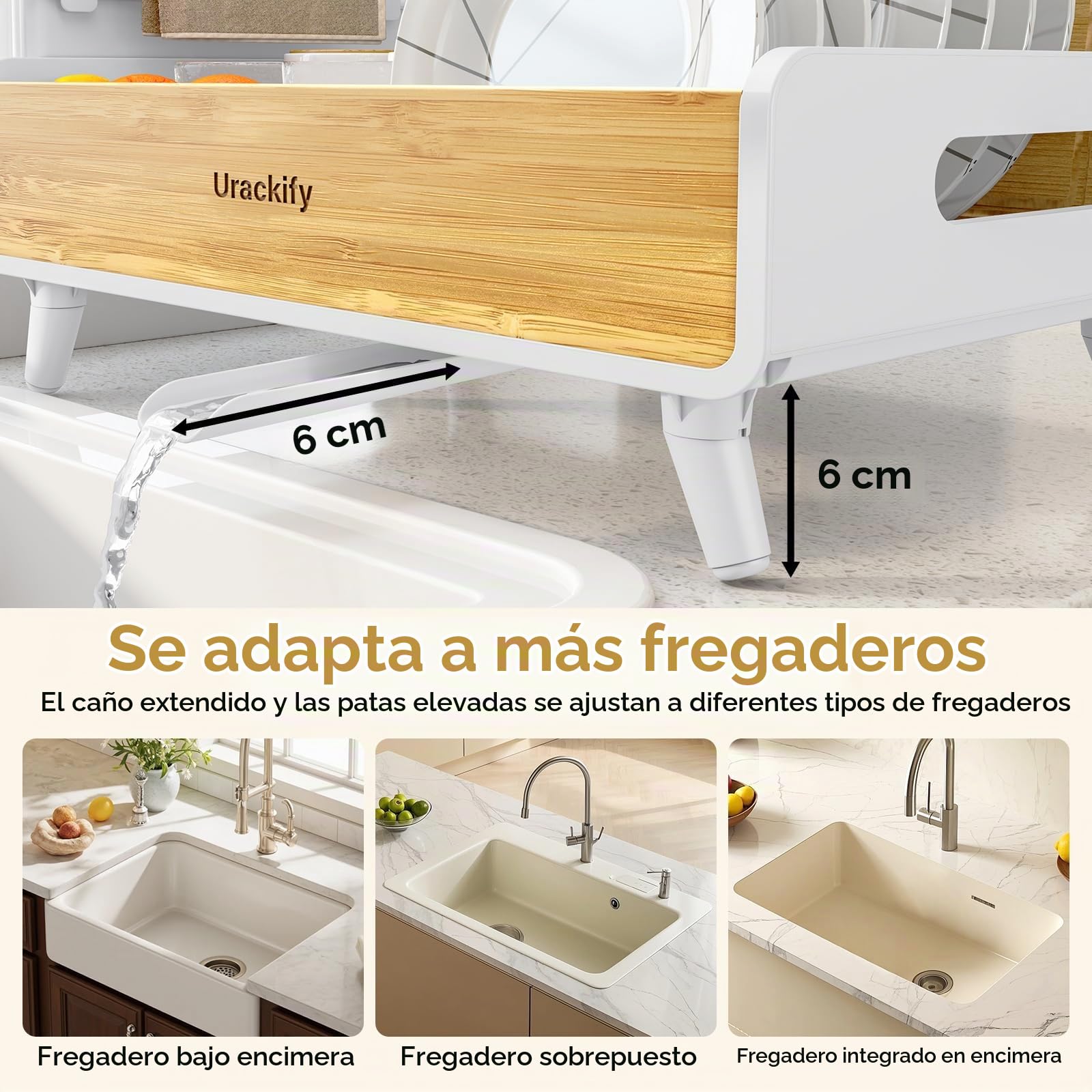 Urackify Escurridor de Platos, Bambú | Acero Inoxidable y Bambú, Soporte Utensilios Extraíble, para Encimera de Cocina