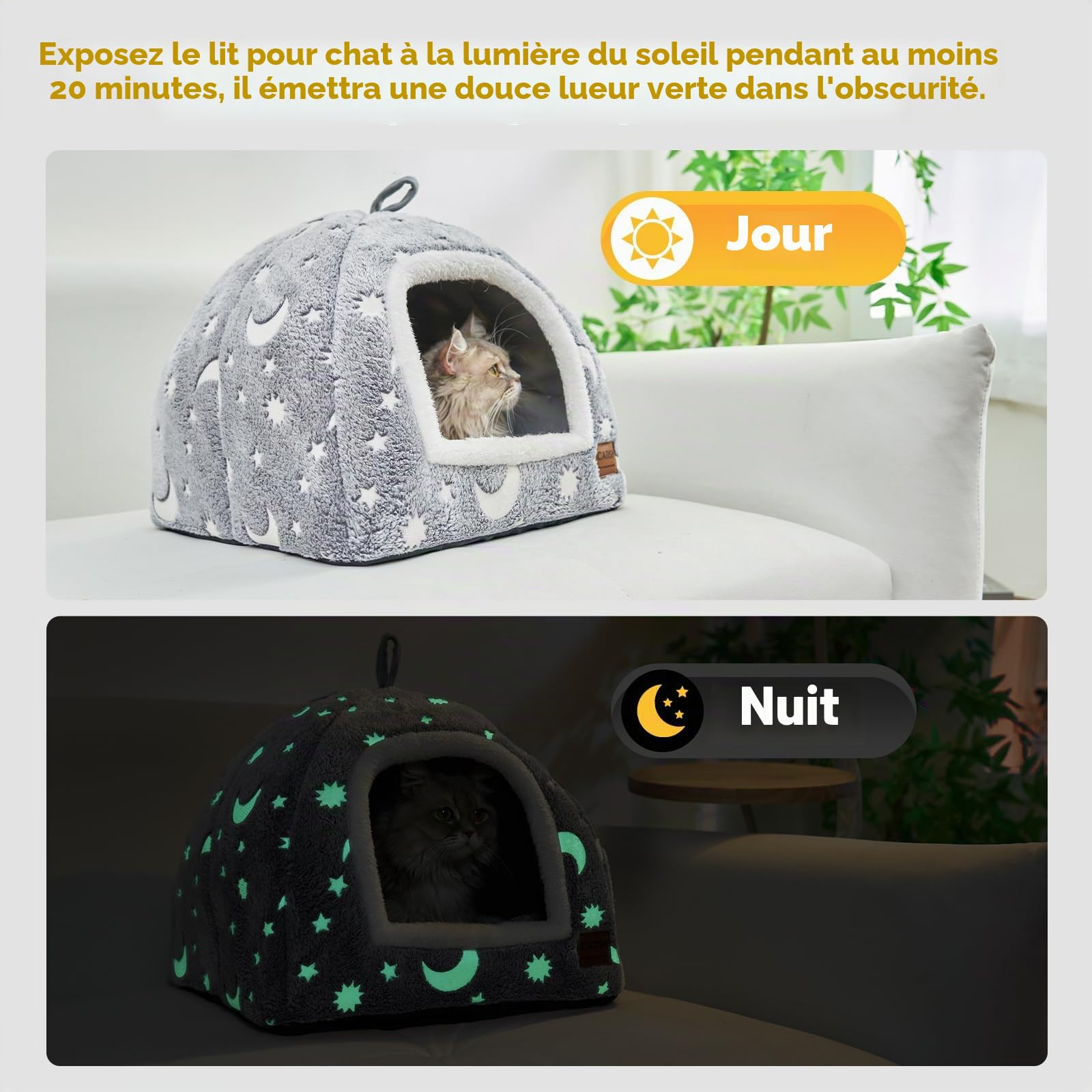 CATISM Lit pour Chat Phosphorescent - Lumineuse Niche pour Chat d’intérieur, Pliable Lavable Maison Chats avec Coussin Amovible, Fond Antidérapant, 40 x 40 x 38 cm