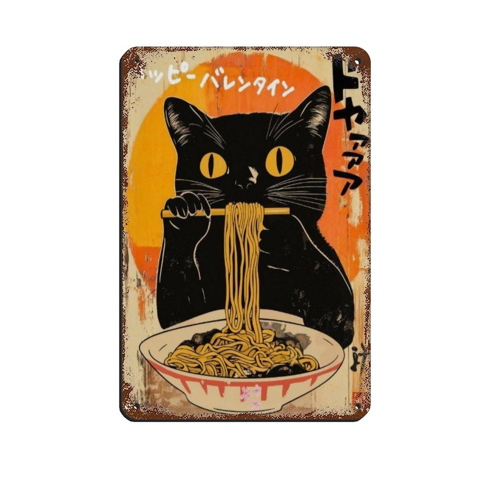 Lxwnze 20L X 30W Cm Black Cat Eating Noodles Retro Artposter, Tin Sign Vintage Metal Pub Club Cafe Bar Home Wall Art Decoration Poster Retro 8X12inch(20X30cm)