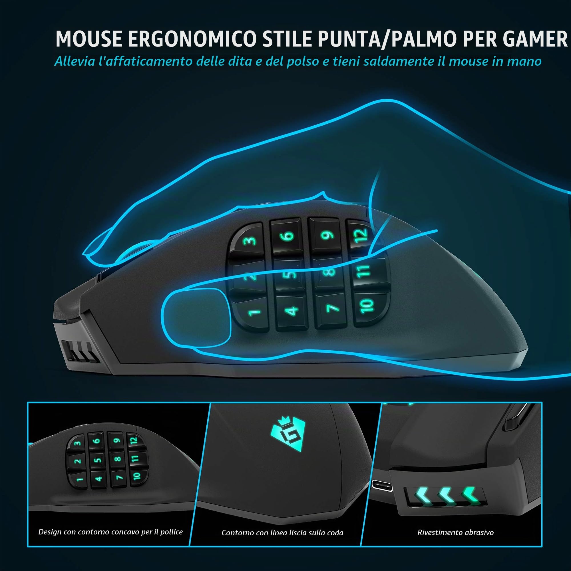 Mouse da gioco wireless senza lag Gamspeed V8 Pro RGB MMO, sensore ottico da 16.000 DPI, tecnologia di trasmissione a 2,4 GHz, design ergonomico , illuminazione Chroma RGB, 16 pulsanti programmabili