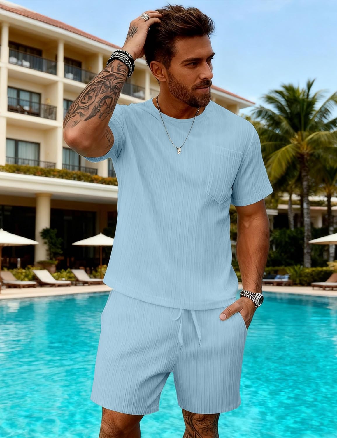 Bealin Men's Summer Beach Outfits 2 Piece Vintage Short Sleeve T Shirts and Shorts Vacation Texture Sets - Image 2