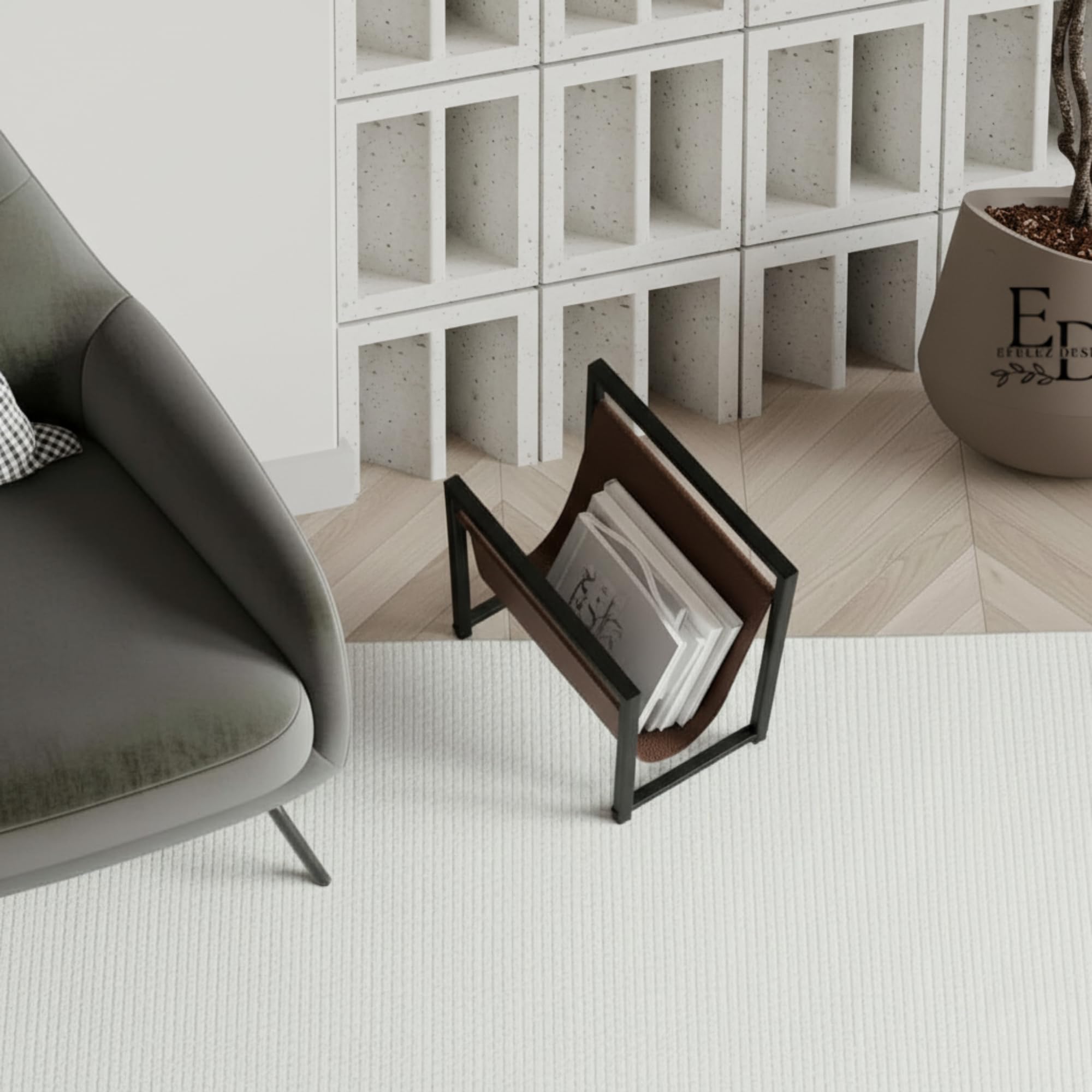 EMIDECO Porte-revues métal noir cuir marron foncé – Range magazines design moderne – Support journaux livres – Rangement gain de place salon bureau – Porte magazine élégant