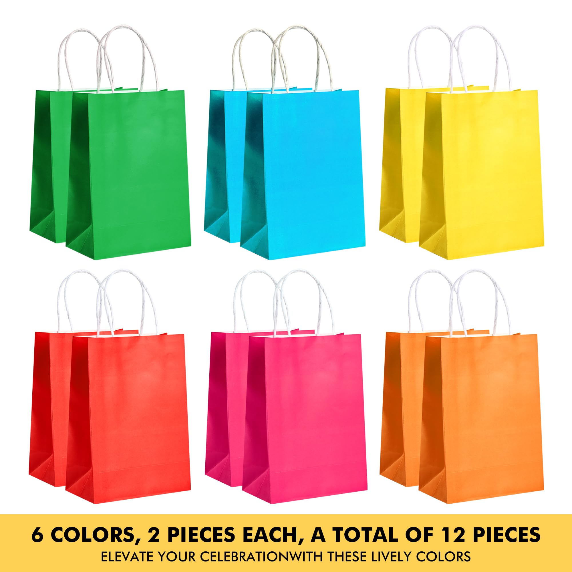 RACETOP 12 Pack Small Paper Gift Bags with Handles, 5.8"×3.2"×8.25" Kraft Paper Party Favor Bags Bulk for Kids Birthday, Baby Shower, Crafts, Wedding, Party Supplies (6 Colors)
