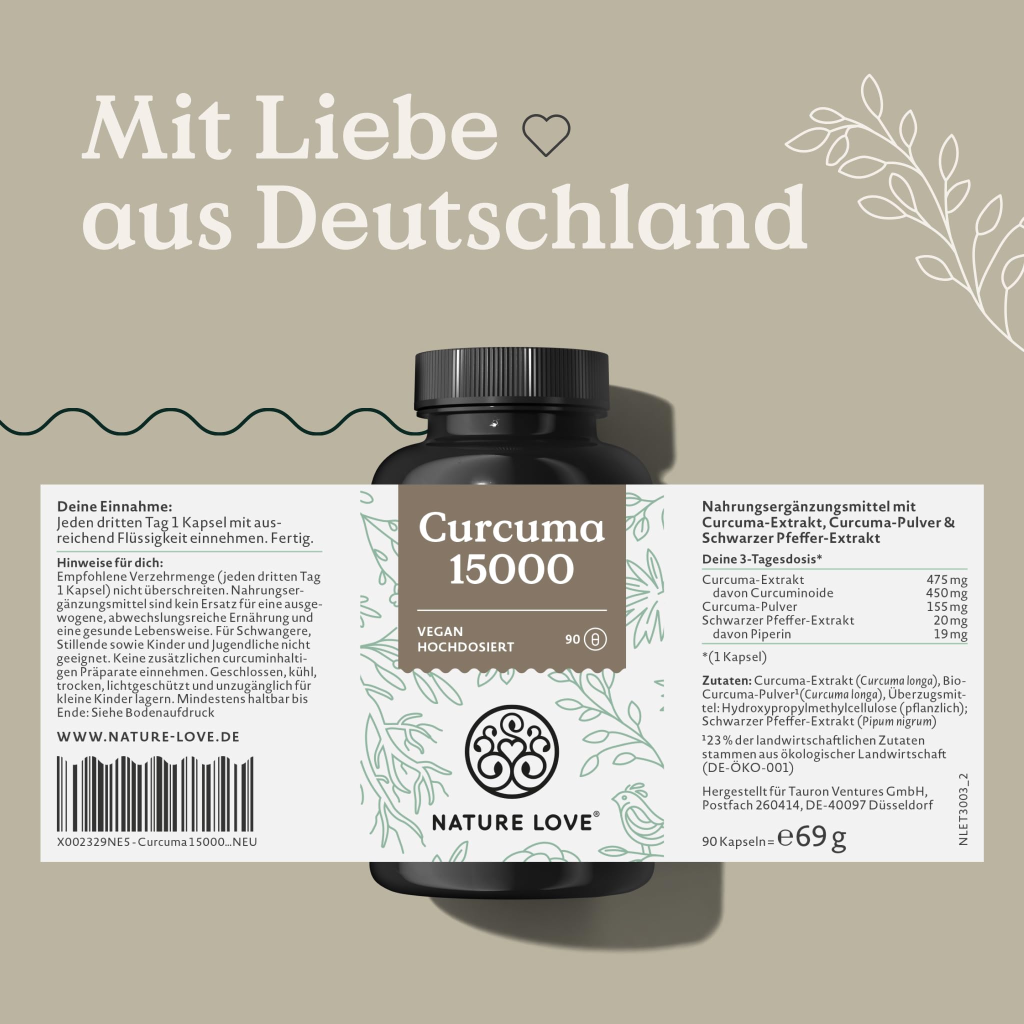 NATURE LOVE® Curcuma 15000 - Kurkuma Kapseln - 9 Monate Reichweite - hochdosiert 95% Curcumin pro Kapsel - mit schwarzem Pfeffer - vegan, laborgeprüft & in Deutschland produziert