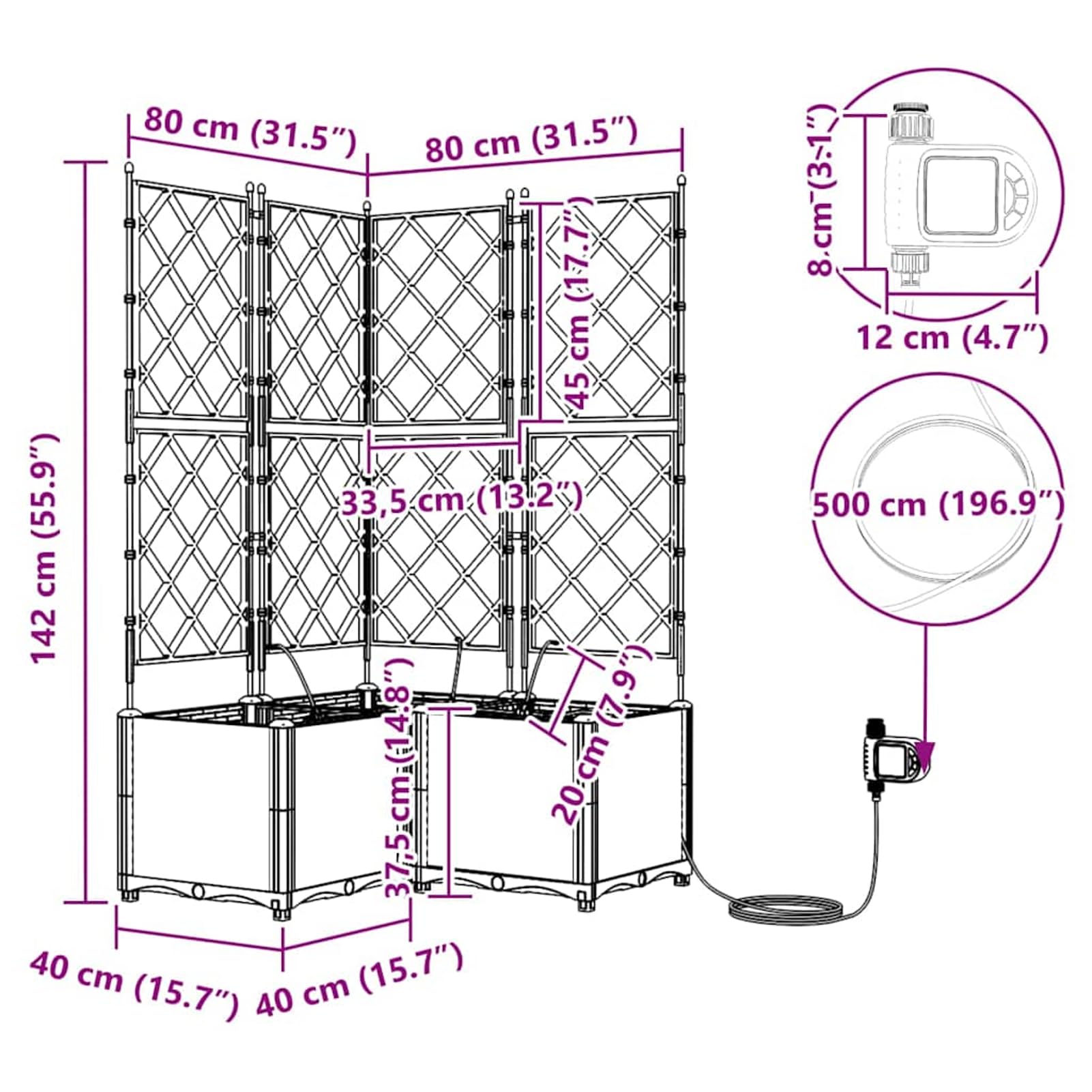 Geecher Vaso da Giardino 3 Pezzi, con Sistema di irrigazione, 80x80x142 cm, in Acciaio, fioriera per Esterno, Ideale per Principianti e Appassionati di Giardinaggio