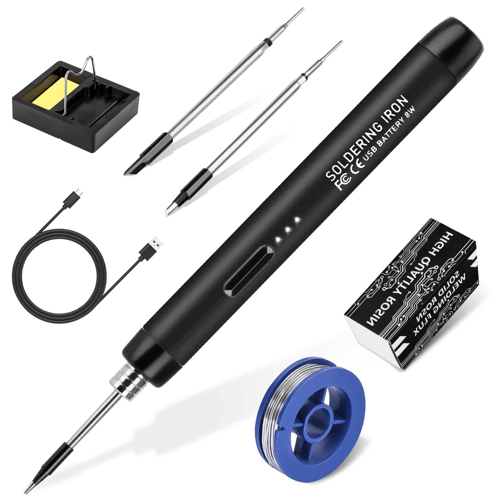 KKMOL Fer à souder sans fil USB avec 3 températures réglables 300 ℃ - 450 ℃ - Kit de soudure avec 3 embouts, support, fil et pâte