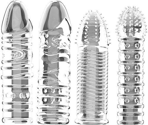Sponver Condón roscado mace, condón masculino, candado para adultos, anillo fino, manga extendida, 4 diseños (paquete de 4) transparente