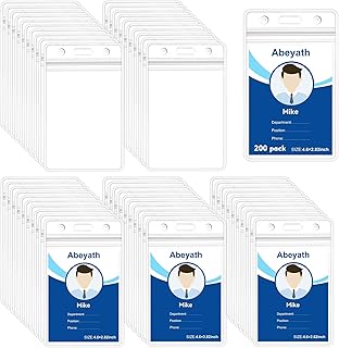 200 Pack Extra Thick ID Badge Holder Vertical Clear ID Card Holder with Waterproof Resealable Zip Name Tag Holder for Nurses, ​School and Office（ 2.25x3.5Inch）