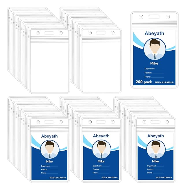 Abeyath 200 Pack Extra Thick ID Badge Holder Vertical Clear ID Card Holder with Waterproof Resealable Zip Name