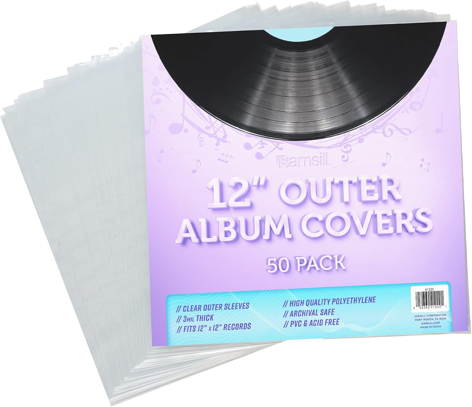 Samsill 100 Pack Vinyl Record Sleeves, Clear Outer Plastic Sleeves for Your Vinyl Records Collection, 12.75" x 12.5" - 3 Mil.