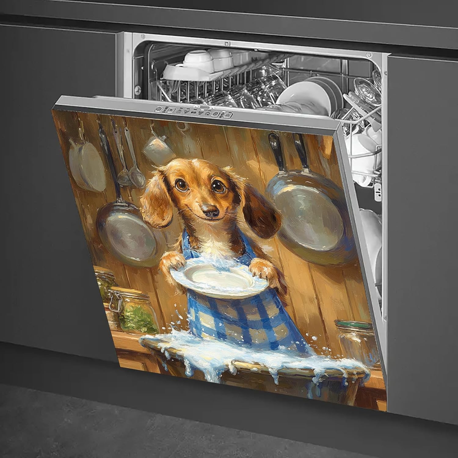 Dishwasher Magnet Cover 23x26 in Oil Painting Style Dachshund Washing Dishes in Rustic Kitchen Magnetic Dishwasher Cover for Kitchen Appliance Decoration Front Art Skin Panel Home Decor