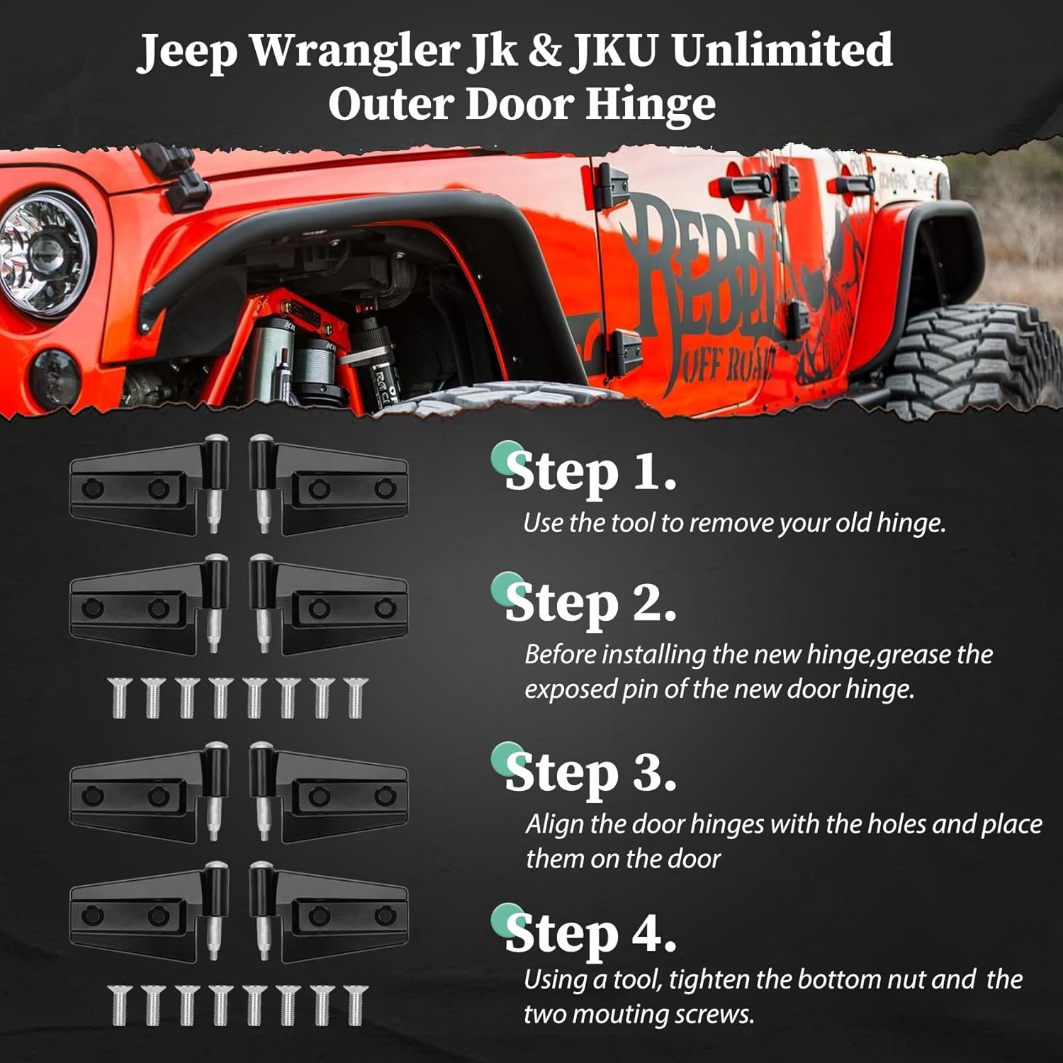 Jeep Wrangler JK Outside 4 Door Hinge Kits Compatible with 2007-2018 Jeep Wrangler JK JKU Rubicon Unlimited Saraha (Exterior 4 Door), Jeep Wrangler JK JKU Outer 4 Door Hinge 8PCS with 16 Bolts
