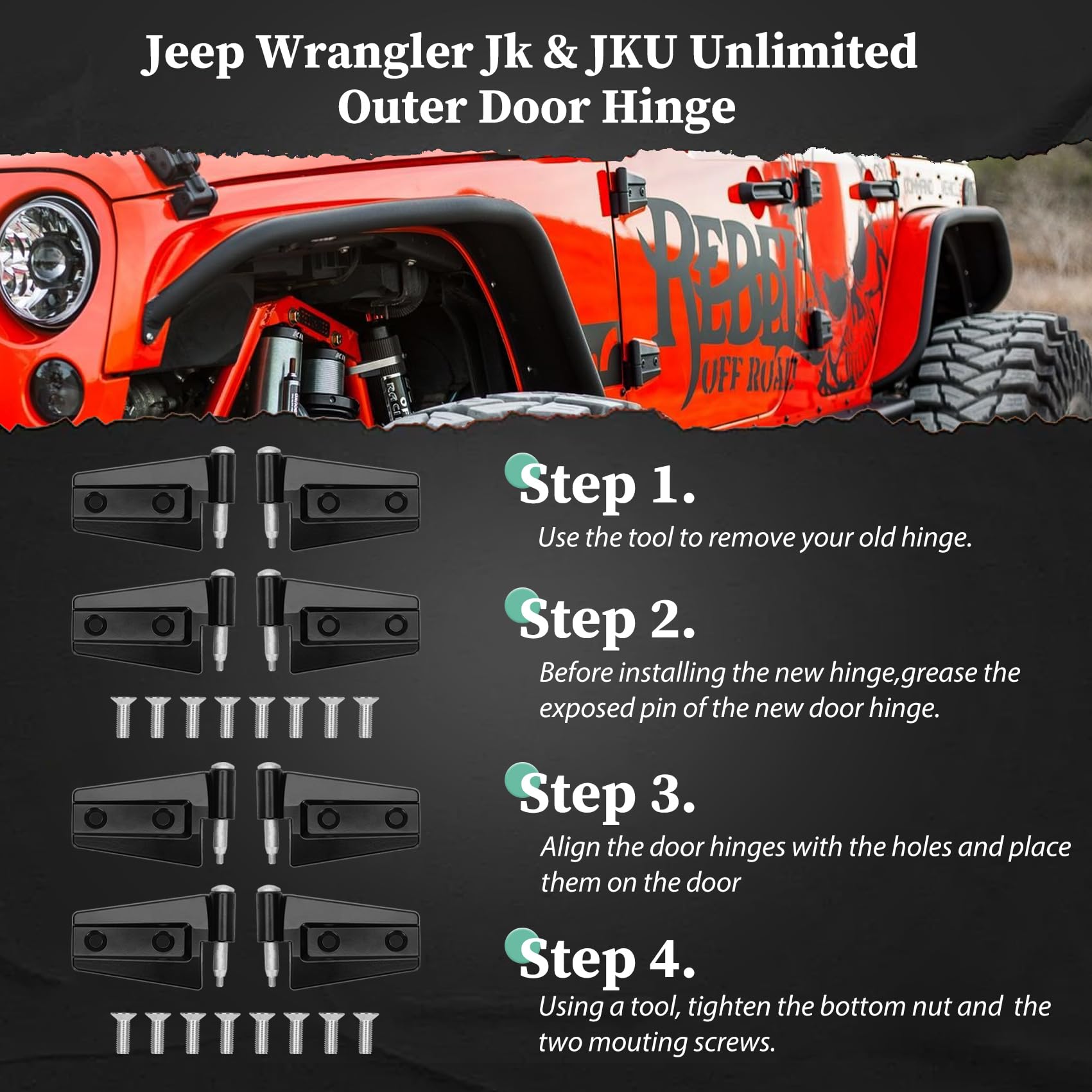 Jeep Wrangler JK Außen-4-Tür-Scharnier-Kits, kompatibel mit Jeep Wrangler JK JKU Rubicon Unlimited Saraha (außen 4-Türer), Jeep Wrangler JK JKU Außen-4-Tür-Scharnier, 8 Stück mit 16 Bolzen